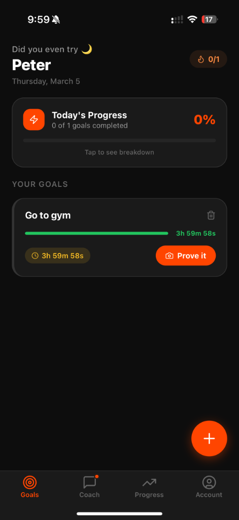 Mad AI goals screen showing a gym goal with a countdown timer and a Prove it button