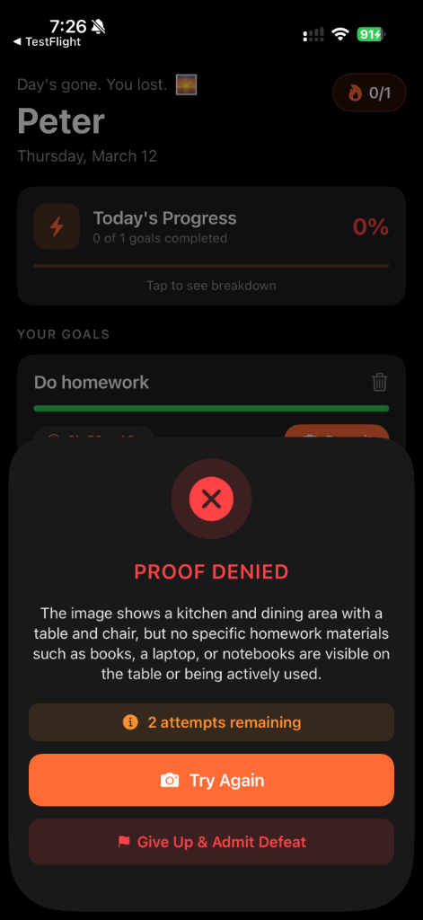 Mad AI proof denied screen explaining why a homework photo did not match the goal